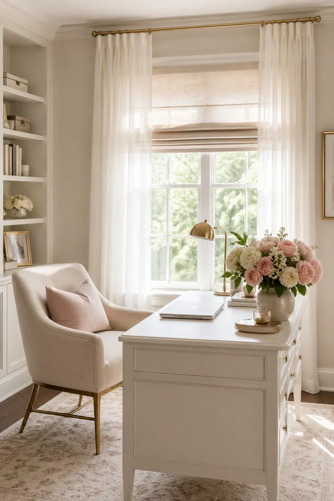 31 Feminine Home Office Ideas for a Chic, Functional Workspace 30 Add Curtains or Soft Window Treatments