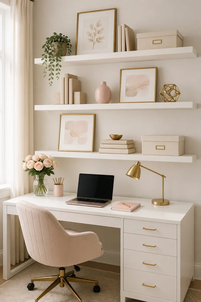 31 Feminine Home Office Ideas for a Chic, Functional Workspace 18 Add Floating Shelves Above the Desk