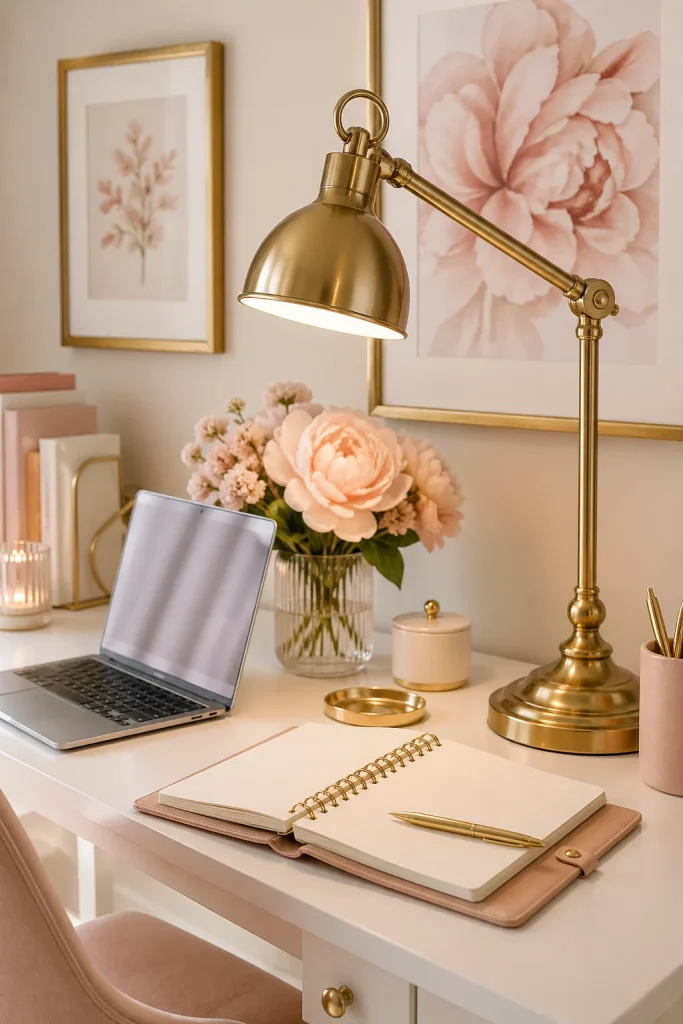 31 Feminine Home Office Ideas for a Chic, Functional Workspace 22 Add a Gold or Brass Task Lamp