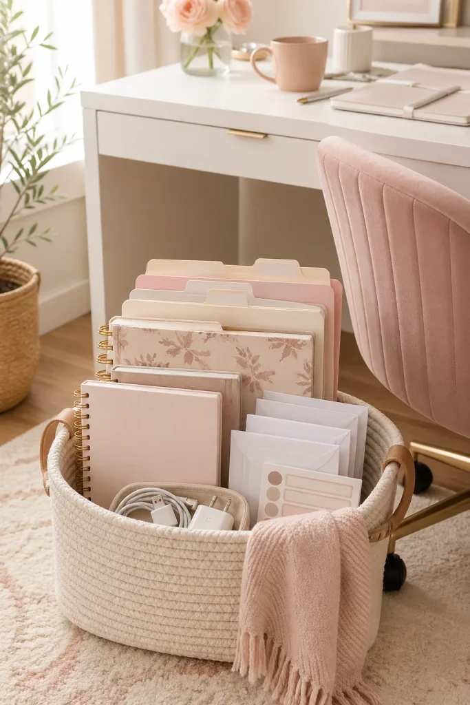 31 Feminine Home Office Ideas for a Chic, Functional Workspace 34 Add a Weekly Reset Basket