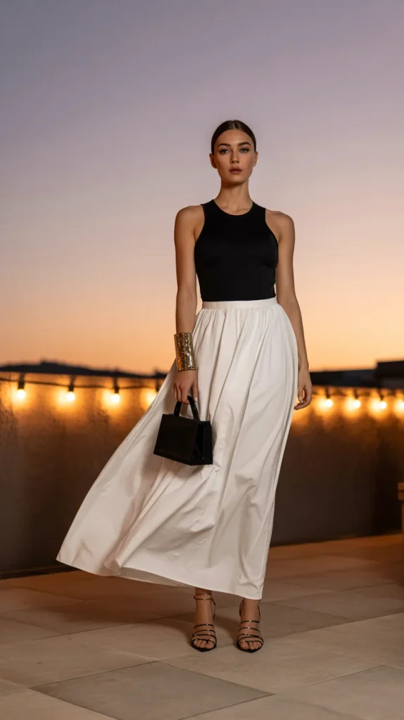 Black Bodysuit With a White Maxi Skirt