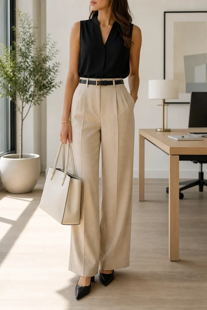 31 Summer Work Outfits That Look Polished and Feel Cool All Day 10 Black Sleeveless Blouse with Beige Trousers