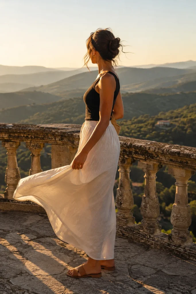 Black tank linen maxi skirt slide sandals