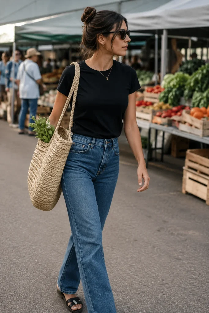 Black tee straight leg jeans woven tote