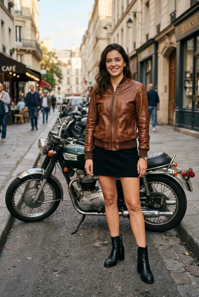 35 Effortlessly Chic Fall Outfits You’ll Wear on Repeat This Season 26 Brown Leather Bomber With Mini Skirt And Boots