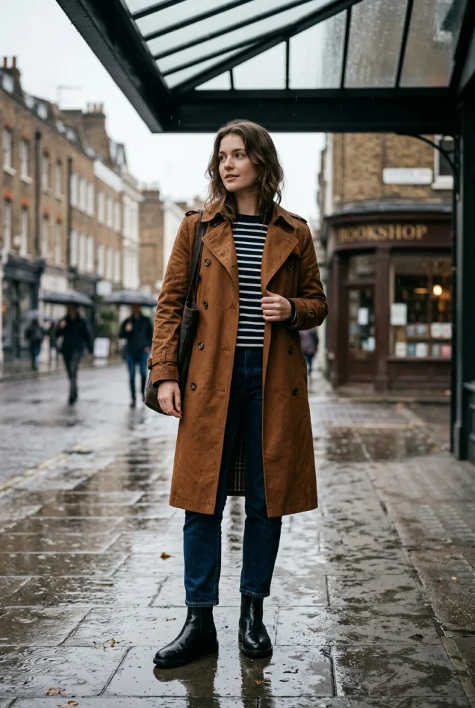 35 Effortlessly Chic Fall Outfits You’ll Wear on Repeat This Season 11 Brown Trench With Striped Top And Ankle Boots