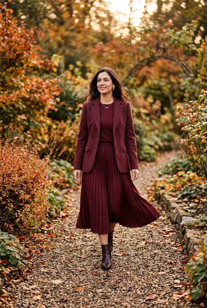 35 Effortlessly Chic Fall Outfits You’ll Wear on Repeat This Season 23 Burgundy Blazer With Matching Pleated Skirt