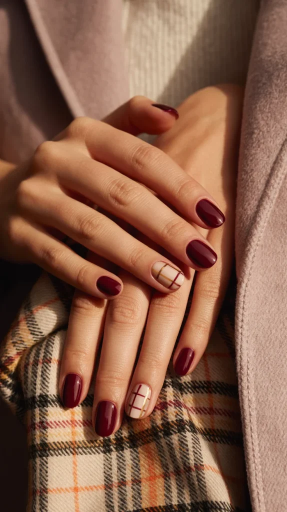 32 Stunning Fall Nail Ideas You’ll Want to Save for Your Next Mani 12 Burgundy Plaid Accent Nails