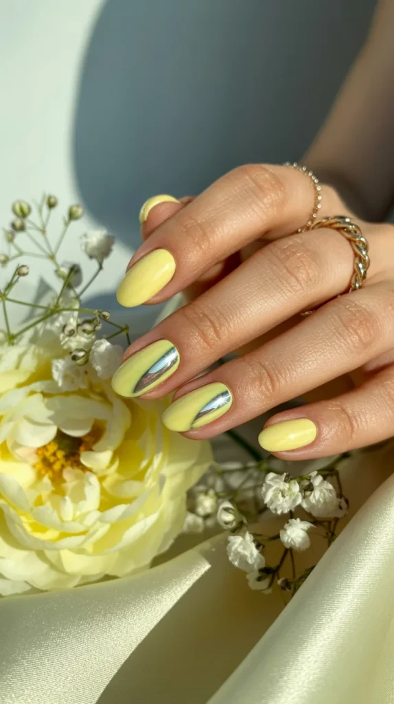 31 July Nail Ideas That Are Fresh, Fun, and So On-Trend 18 Butter Yellow Chrome Nails