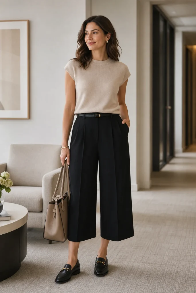 31 Summer Work Outfits That Look Polished and Feel Cool All Day 23 Cap Sleeve Sweater with Culottes