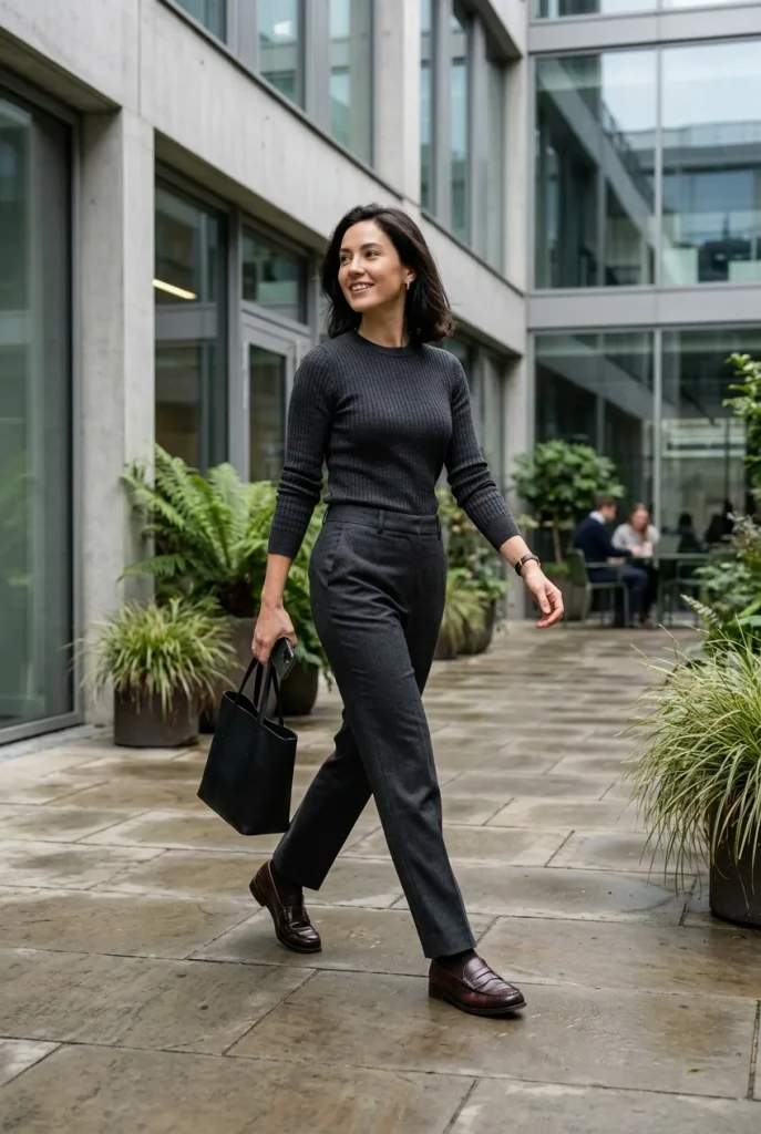 35 Effortlessly Chic Fall Outfits You’ll Wear on Repeat This Season 34 Charcoal Trousers With Ribbed Knit And Loafers