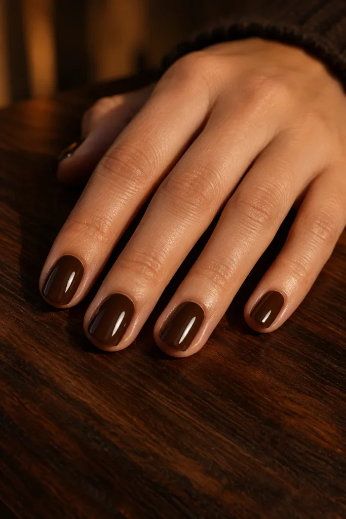 34 Short Fall Nail Designs That Look Cute, Cozy, and Easy to Wear 7 Chocolate Brown Gloss Nails