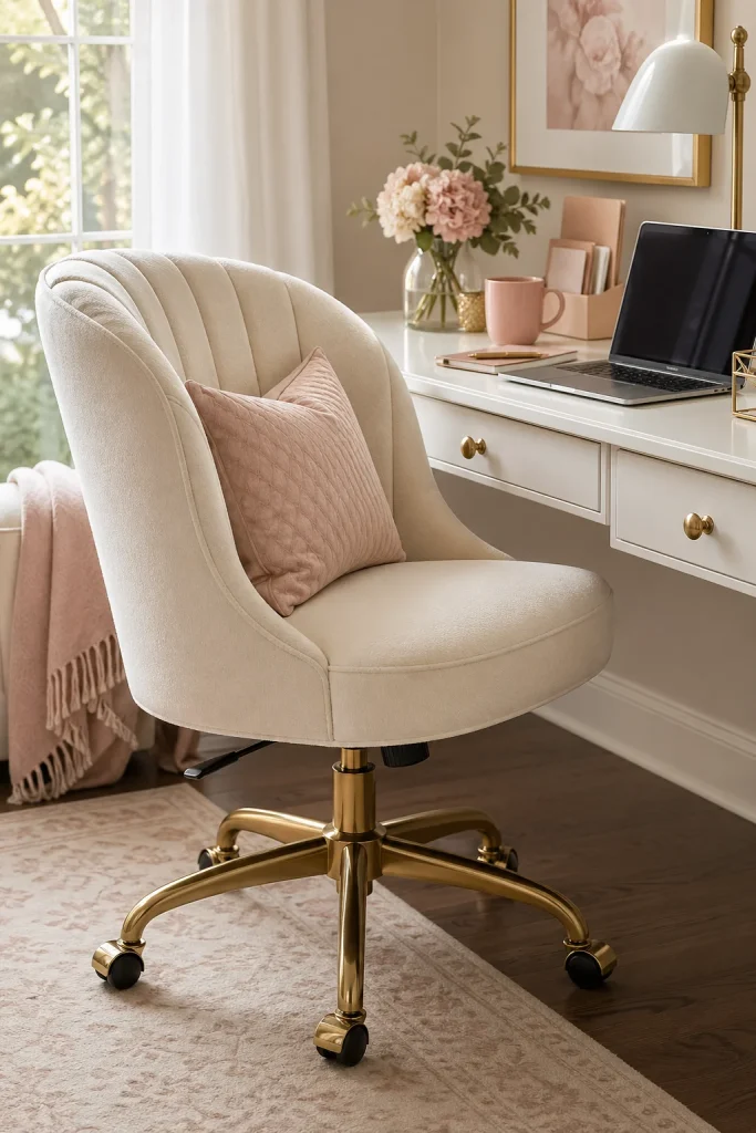 31 Feminine Home Office Ideas for a Chic, Functional Workspace 9 Choose a Pretty Chair That Still Supports You