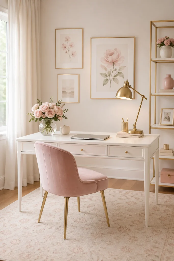 31 Feminine Home Office Ideas for a Chic, Functional Workspace 3 Choose a Soft Blush and Cream Color Palette