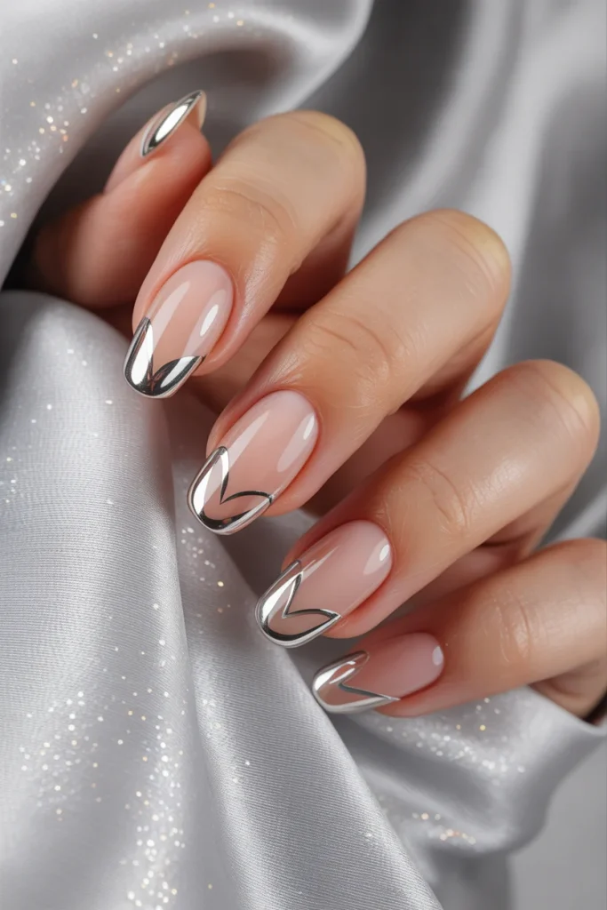30 Flirty Valentine's Day Nail Ideas That Feel Cute, Romantic & Fresh 22 Chrome Silver Heart Outlines