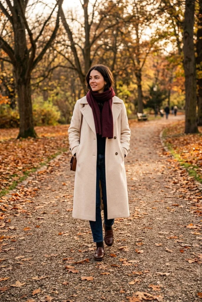 35 Effortlessly Chic Fall Outfits You’ll Wear on Repeat This Season 13 Cream Coat With Burgundy Scarf And Loafers