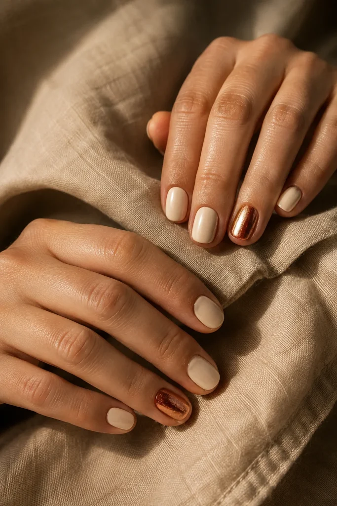34 Short Fall Nail Designs That Look Cute, Cozy, and Easy to Wear 12 Cream and Copper Accent Nails