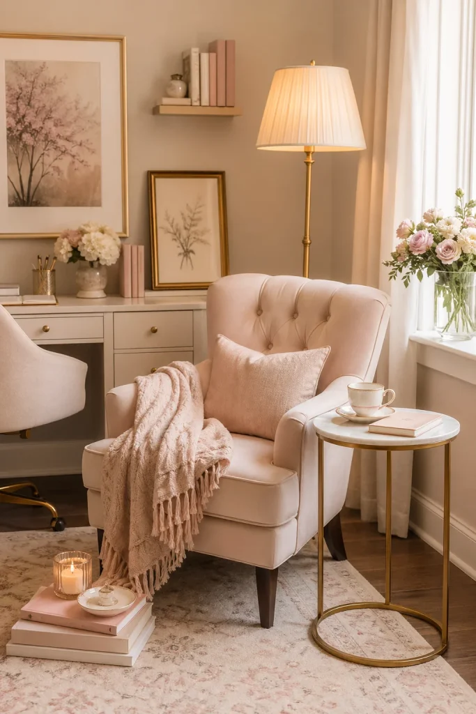 31 Feminine Home Office Ideas for a Chic, Functional Workspace 11 Create a Cozy Reading or Planning Corner