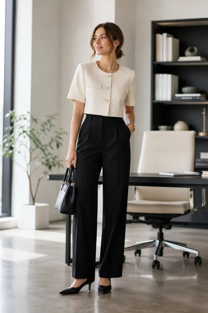 31 Summer Work Outfits That Look Polished and Feel Cool All Day 31 Cropped Jacket with High Waisted Trousers