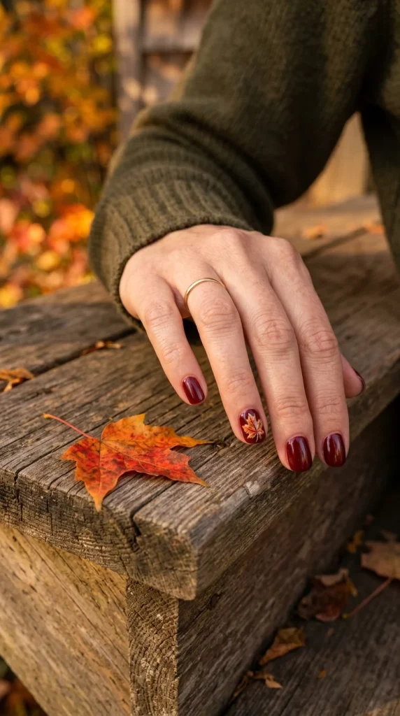 34 Short Fall Nail Designs That Look Cute, Cozy, and Easy to Wear 27 Dark Red Leaf Accent Nails