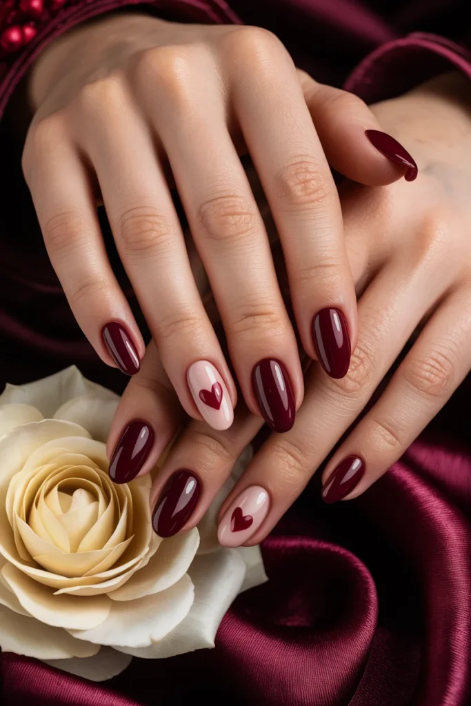 30 Flirty Valentine's Day Nail Ideas That Feel Cute, Romantic & Fresh 27 Deep Wine Heart Nails