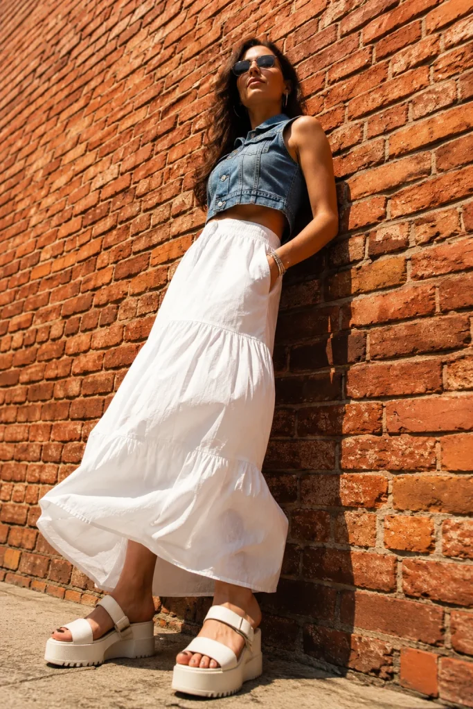 Denim vest white maxi skirt platform sandals