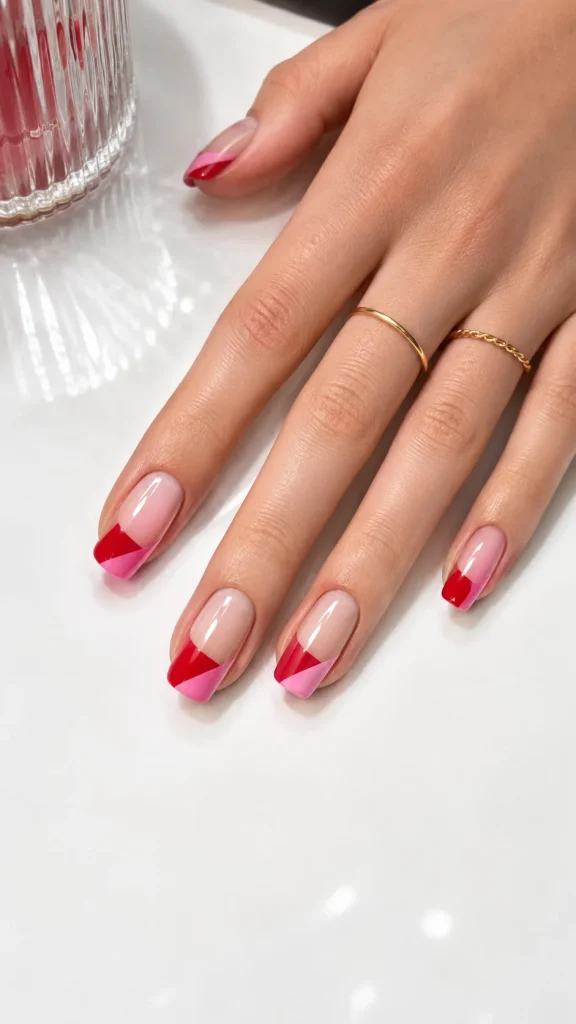 31 Red and Pink Nail Looks That Are Bold, Sweet & Gorgeous 19 Diagonal Red and Pink French Tips