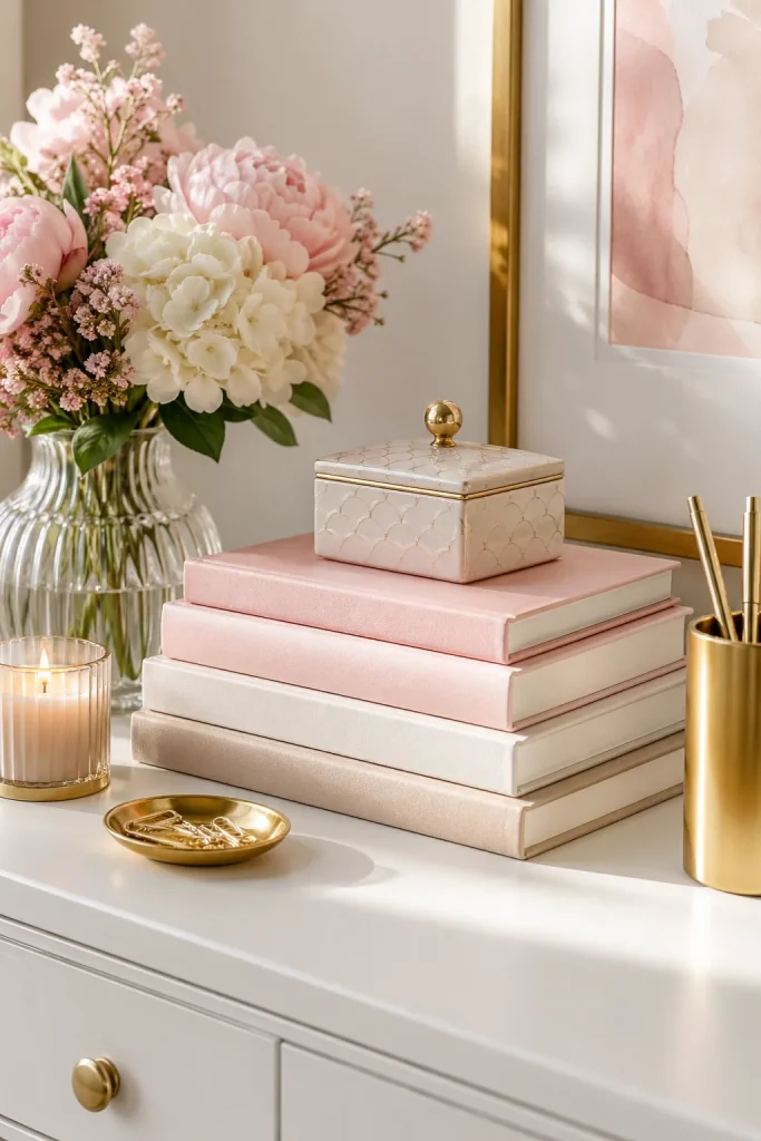 31 Feminine Home Office Ideas for a Chic, Functional Workspace 13 Display Pretty Books as Decor