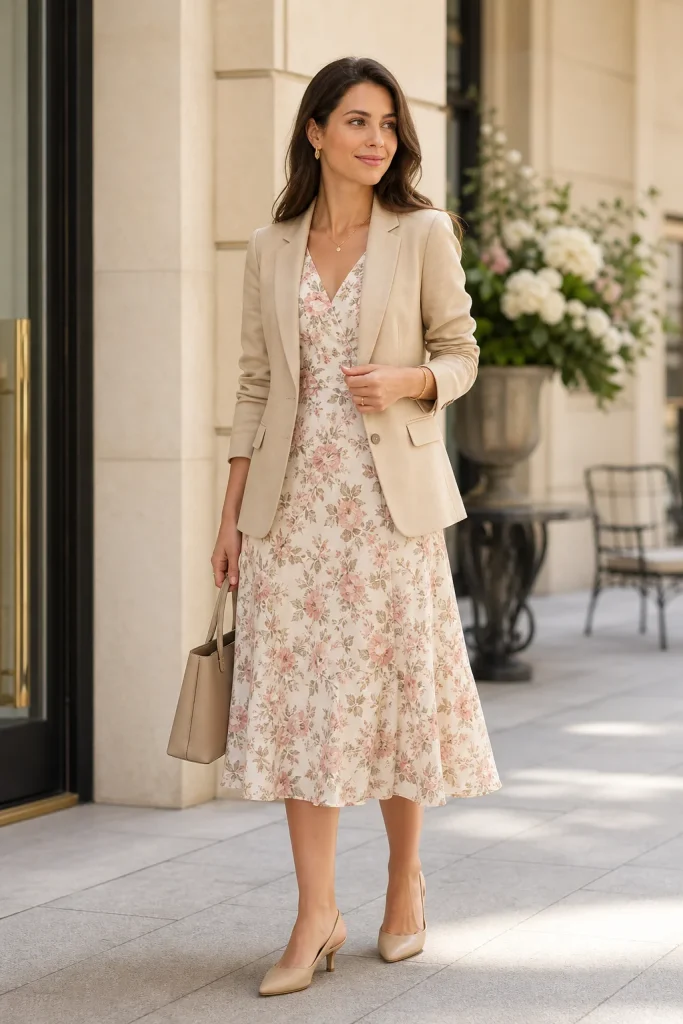 31 Summer Work Outfits That Look Polished and Feel Cool All Day 34 Floral Midi Dress with a Neutral Blazer