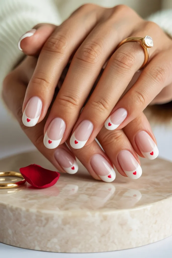 26 February Nail Designs That Will Make You Swoon 9 French Tips With Tiny Red Hearts