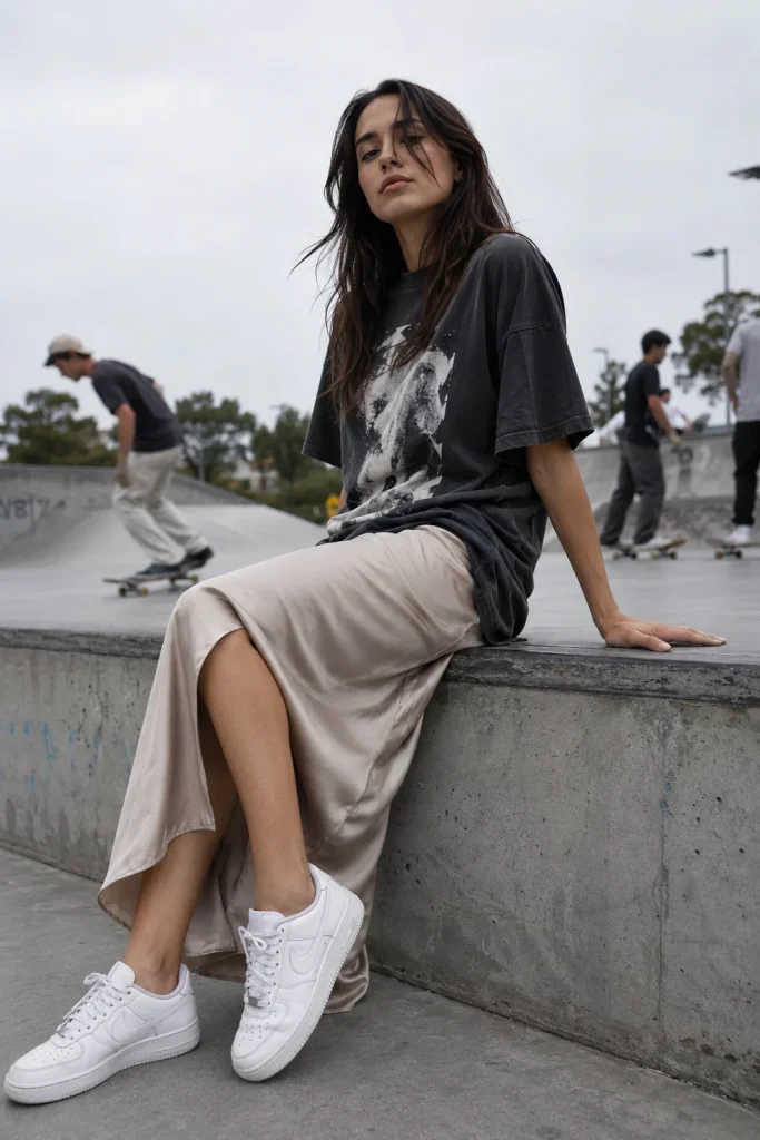 Graphic tee slip skirt sneakers