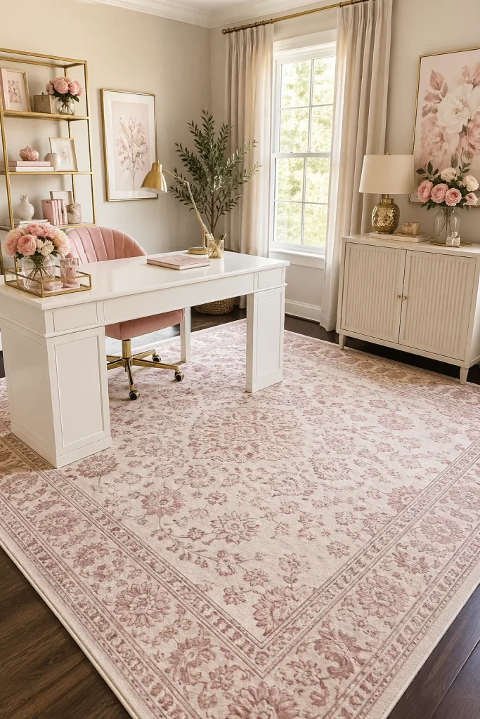 31 Feminine Home Office Ideas for a Chic, Functional Workspace 29 Ground the Room With a Soft Rug