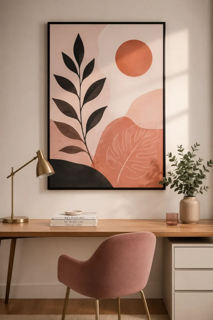 31 Feminine Home Office Ideas for a Chic, Functional Workspace 27 Hang One Large Statement Print