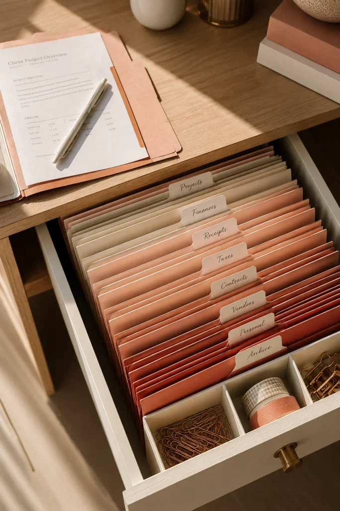 31 Feminine Home Office Ideas for a Chic, Functional Workspace 20 Keep Paperwork in Pretty File Folders