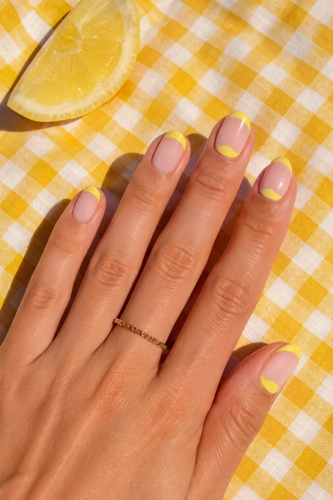 33 Cute Short Spring Nail Designs for Fresh Pretty Nails 13 Lemon Yellow Half Moons
