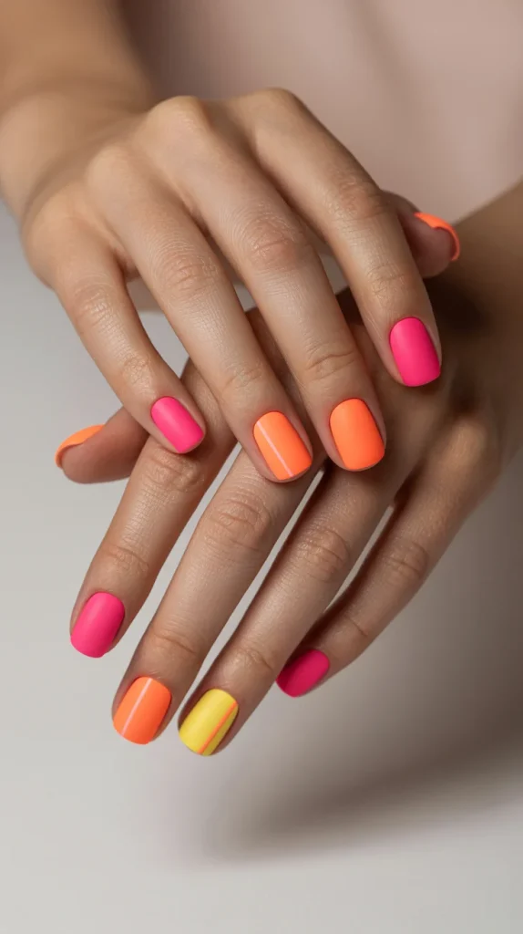 31 Neon Nail Designs for Summer That Look Bright, Fun, and Fresh 29 Matte Neon Mix Nails