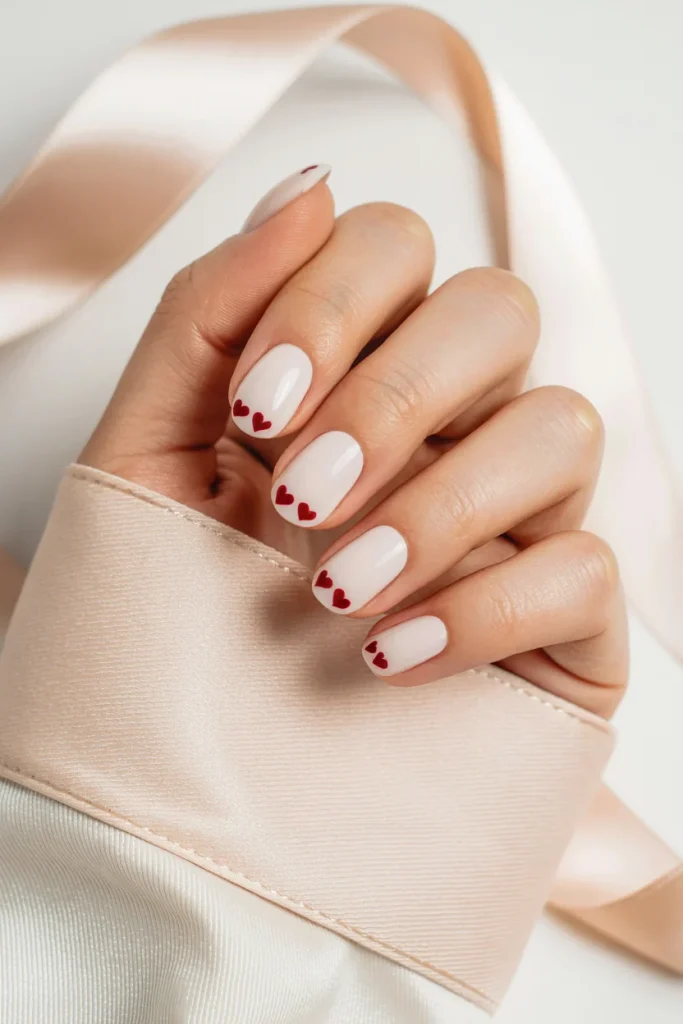 30 Flirty Valentine's Day Nail Ideas That Feel Cute, Romantic & Fresh 9 Milky White Nails With Red Hearts