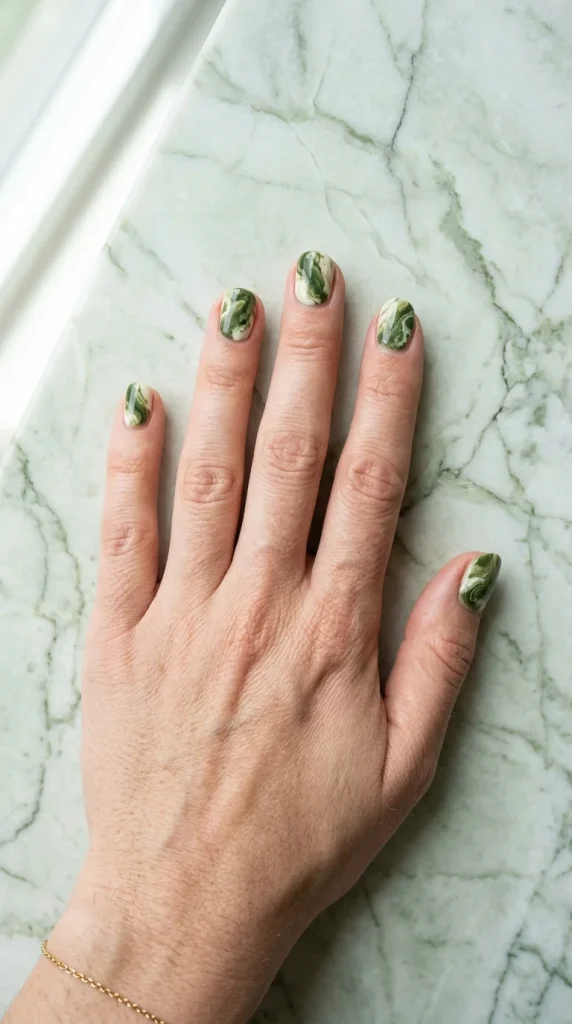34 Short Fall Nail Designs That Look Cute, Cozy, and Easy to Wear 32 Moss Green Marble Nails