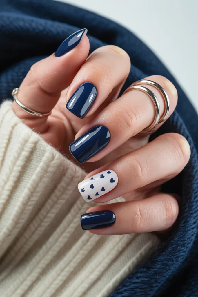 26 February Nail Designs That Will Make You Swoon 20 Navy Blue Heart Accent Nails