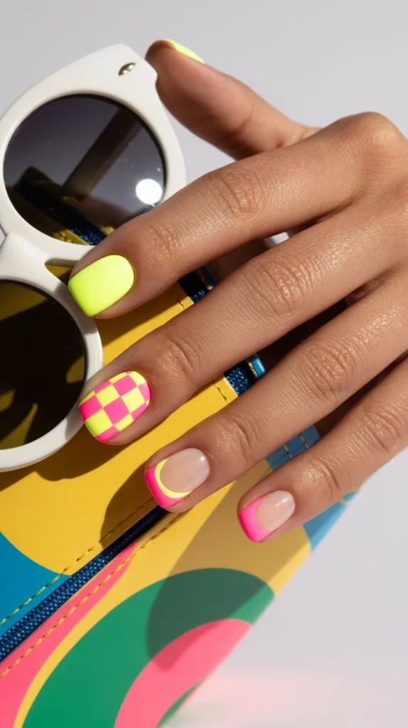 31 Neon Nail Designs for Summer That Look Bright, Fun, and Fresh 21 Neon Checkerboard Nails