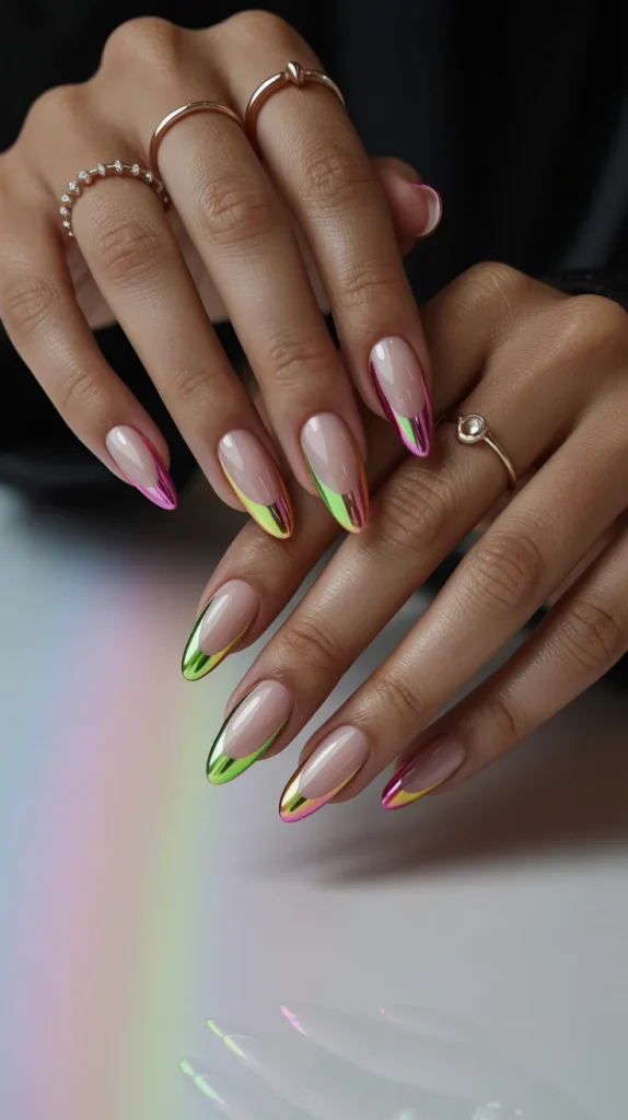 31 Neon Nail Designs for Summer That Look Bright, Fun, and Fresh 23 Neon Chrome French Nails