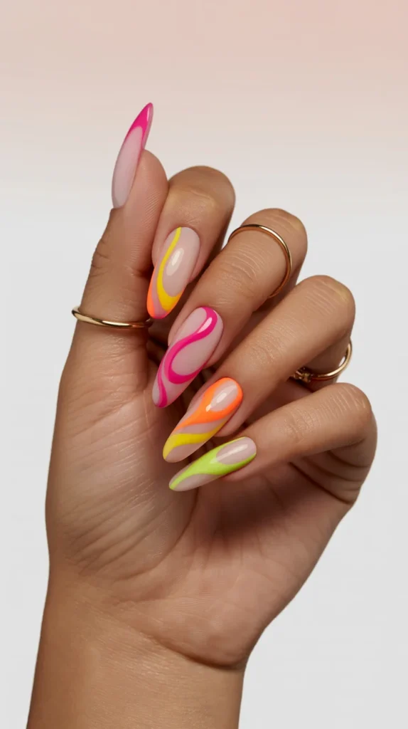 31 Neon Nail Designs for Summer That Look Bright, Fun, and Fresh 15 Neon Swirl Nails