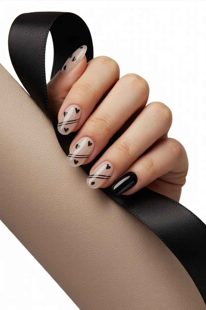 30 Flirty Valentine's Day Nail Ideas That Feel Cute, Romantic & Fresh 13 Nude Nails With Black Hearts