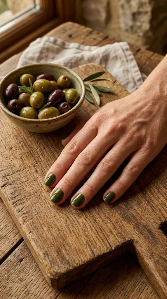 34 Short Fall Nail Designs That Look Cute, Cozy, and Easy to Wear 29 Olive Green Gloss Nails