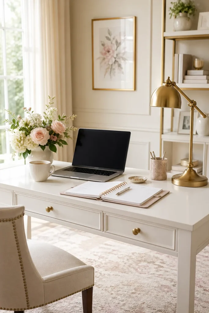 31 Feminine Home Office Ideas for a Chic, Functional Workspace 8 Pick a Desk That Feels Like the Centerpiece
