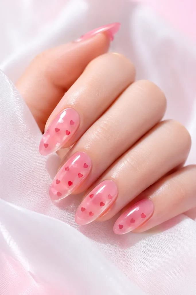 31 Red and Pink Nail Looks That Are Bold, Sweet & Gorgeous 6 Pink Jelly Nails With Red Heart Details
