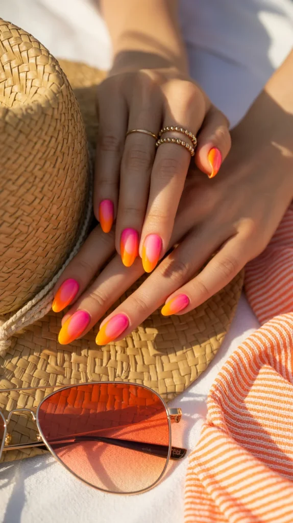 31 Neon Nail Designs for Summer That Look Bright, Fun, and Fresh 16 Pink and Orange Sunset Nails