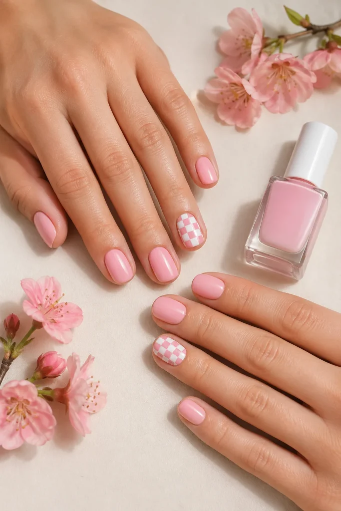 33 Cute Short Spring Nail Designs for Fresh Pretty Nails 28 Pink and White Checker Accent