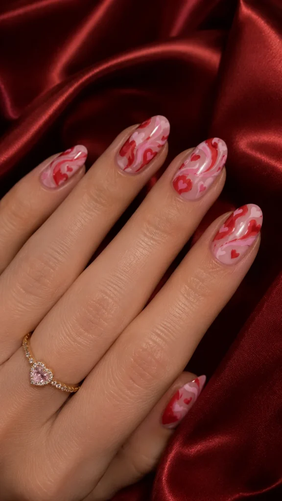 31 Red and Pink Nail Looks That Are Bold, Sweet & Gorgeous 31 Red and Pink Heart Swirl Nails