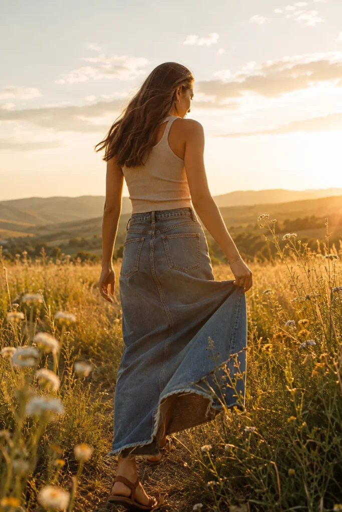Ribbed tank denim maxi skirt flat sandals